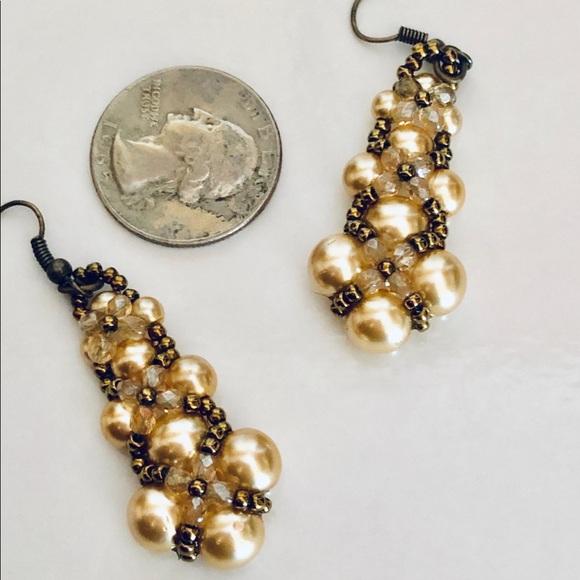 Handmade Champagne Gold Crystal & Pearl Earrings - Picture 5 of 5